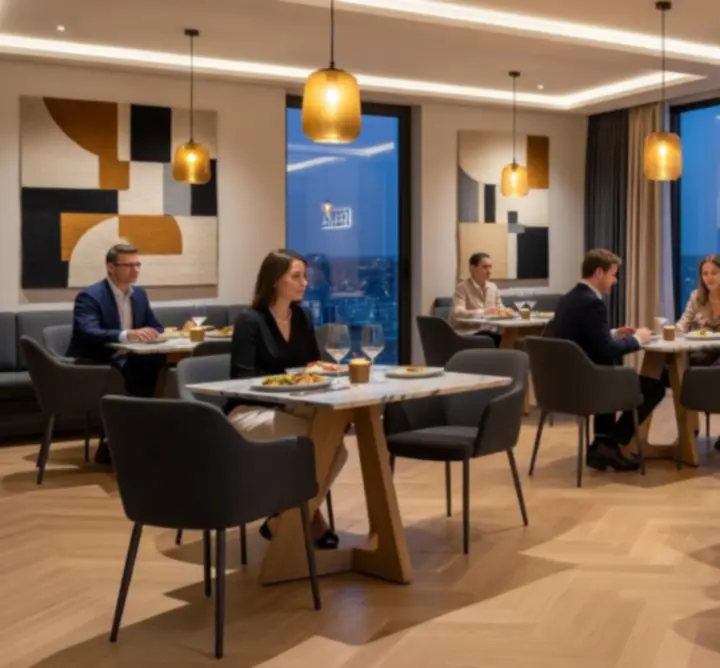 Nowoczesne wnętrze restauracji Hotelu Fun Zone z eleganckim oświetleniem