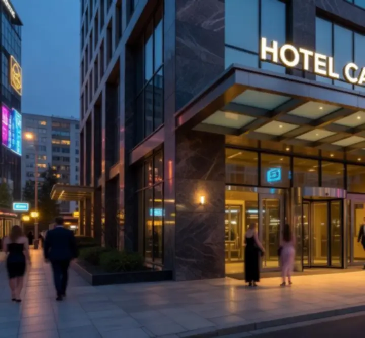 Wejście do Hotelu Fun Zone w wieczornej, rozświetlonej scenerii
