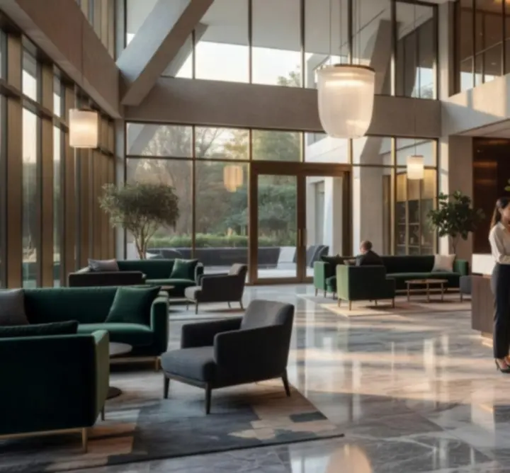 Nowoczesne lobby hotelowe Hotelu Fun Zone z designerskim oświetleniem