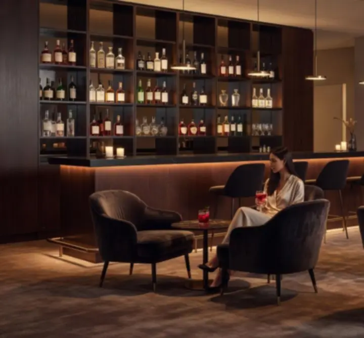 Designerska strefa barowa i lounge w Hotelu Fun Zone z widokiem na rozrywkę
